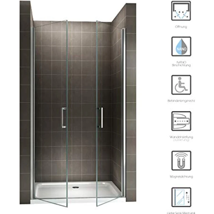 i-flair Duschtür 74-77 cm, 185 cm hoch, aus 6 mm transparentem Sicherheitsglas mit Edelstahlgriffen und magnetischer Dichtung – Bild 2