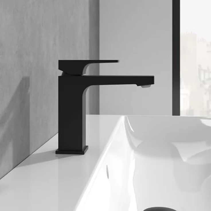 Villeroy & Boch Architectura Square Waschtischarmatur, Wasserhahn Bad mit Zugstange und Keramikkartusche, Waschbeckenarmatur wassersparend, Auslauf Höhe 113mm, eckig, Matt Black – Bild 3