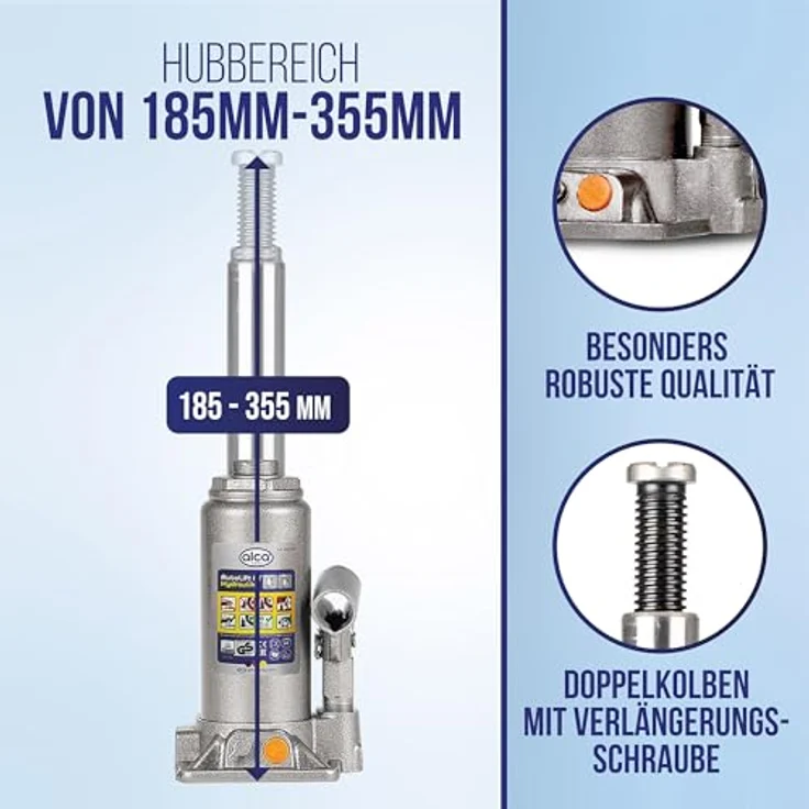 alca® Hydraulischer Wagenheber 8t, Stempelheber & Unterstellheber aus Stahl, Hubhöhe 185-355 mm, silber, für Auto, Motorrad & Werkstatt – Bild 7