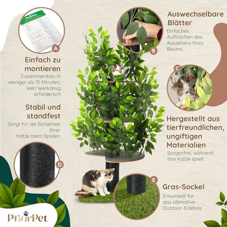 PRIORPET Kratzbaum Natur zum Klettern, Verstecken und Schlafen - groß mit austauschbaren Blättern - mehrstufig, einfach zu montieren - haustiersichere Materialien, langlebige und Patentierter robuste Cat Tree - Preisvergleich – Bild 4