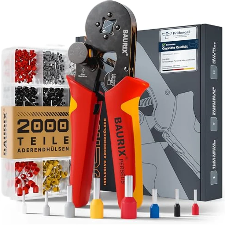 BAURIX® Crimpzange PERSEUS, ergonomische Aderendhülsenzange mit 2000 Aderendhülsen Set, Kraftregler für 0,25-10mm², gleichmäßige Vierkantverpressung für Elektroinstallation – Bild 1