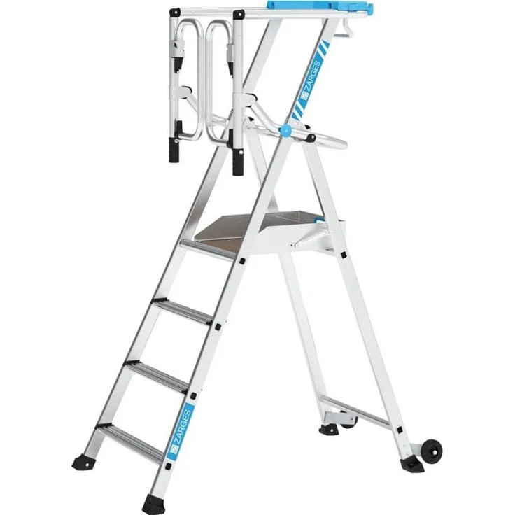 ZARGES Plattformleiter zap Safemaster Max S, 4 Stufen, Sicherheitskriterien EN 131-7, Belastung 150 kg, platzsparend klappbar, integrierte Ausleger, Laufrollen