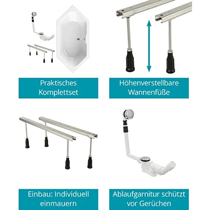 Calmwaters® Sechseck Badewanne Komplettset 190x90 cm mit Wannenfüßen & Ablaufgarnitur, Acrylwanne Exclusive, Duowanne für 2, Set Badewanne komplett, 6 Eck Wanne 190 x 90, Weiß, 99000334 – Bild 4