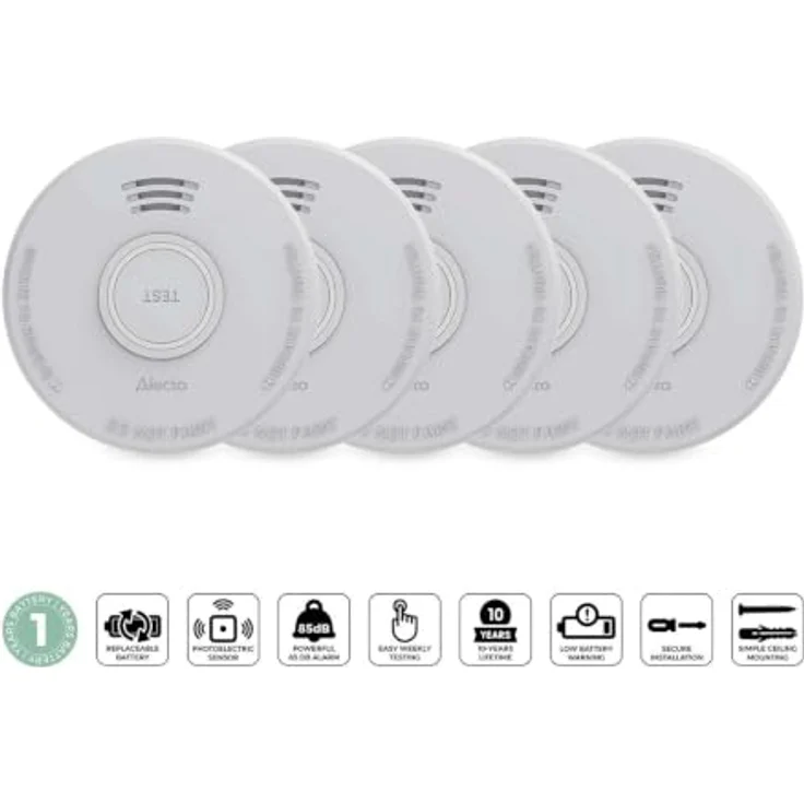 Alecto SD110, 5X Rauchwarnmelder batteriebetrieben mit fotoelektrischem Sensor, 85 dB Alarm, 10 Jahre Lebensdauer, 101 mm x 36 mm – Bild 2