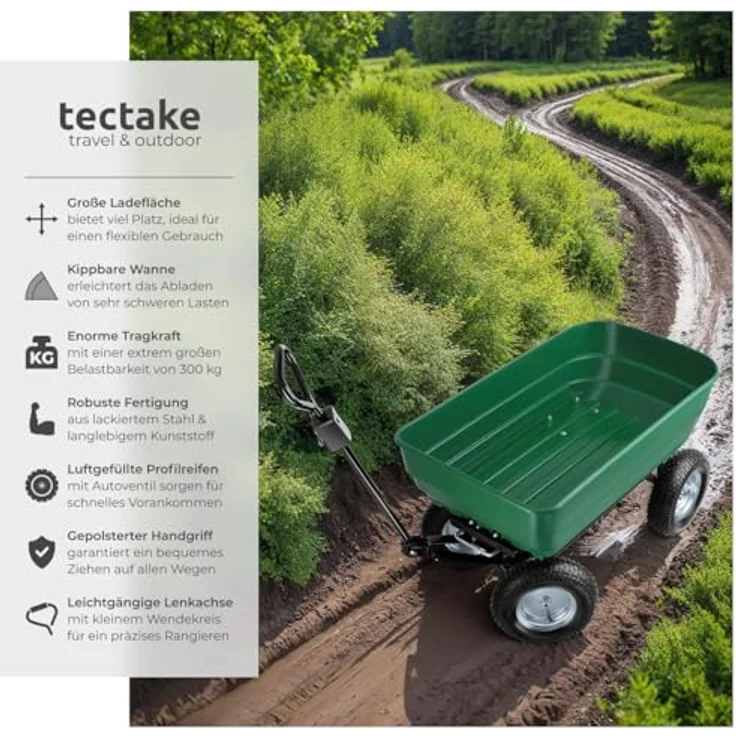 tectake® Bollerwagen mit Kippfunktion, Handwagen und Trolley, belastbar bis 300 kg, stabil mit Stahlgestell, leichtgängige Lenkachse und luftgefüllte Gummireifen, vielseitig einsetzbar als Einkaufswagen oder Gartenwagen – Bild 2