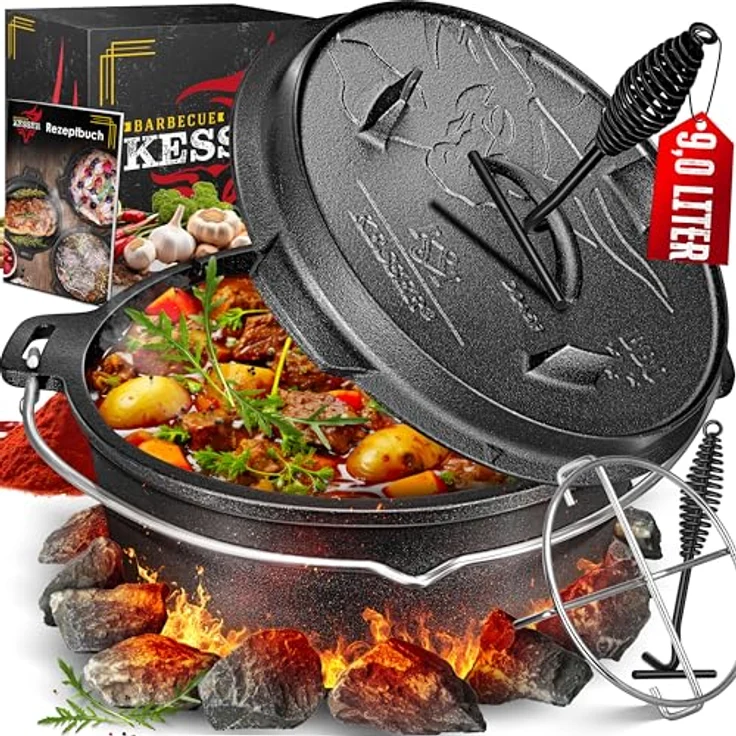 KESSER Dutch Oven Set BBQ 9 Liter, Gusseisen Feuertopf mit Edelstahluntersetzer, für Outdoor & Indoor, hitzebeständiger Deckelheber und Thermometer-Schlitz – Bild 1