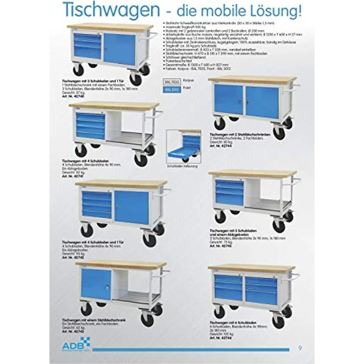 ADB Mobile Werkbank Werktisch Werkstatt Rollwagen Tischwagen Werkstattwagen 6 Schubladen Werkstatteinrichtung Zubehör Werkstatt fahrbar mit Rollen – Bild 4