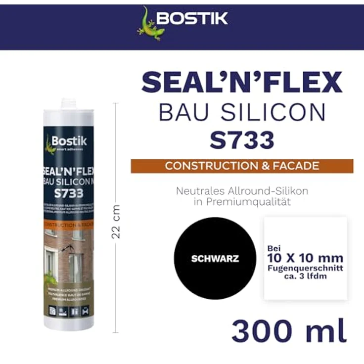 BOSTIK S733 Seal´n´Flex Bau Silikon, Hochleistungs-Silikon für Anschluss- und Dehnungsfugen, Schwarz, 300ml – Bild 2