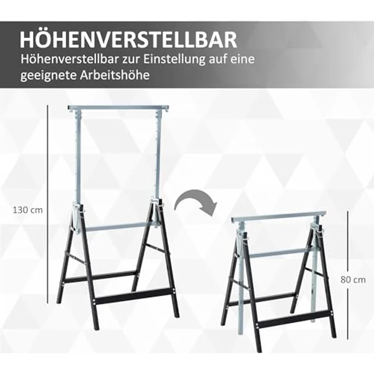 HOMCOM 2 x Gerüstbock Unterstellbock, höhenverstellbar bis 200kg, Stahl Schwarz, 68 x 58 x 80-130 cm, klappbar – Bild 3