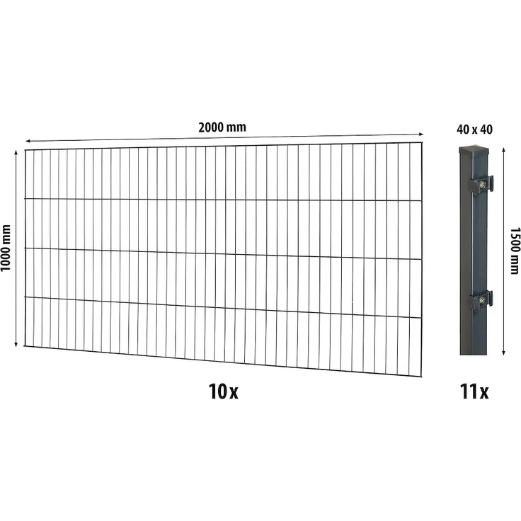 JUNGELMAR Classic ES-Mattenzaun-Set 1000, 20m anthrazit, inklusive 10 Einstabmatten und 11 Pfosten