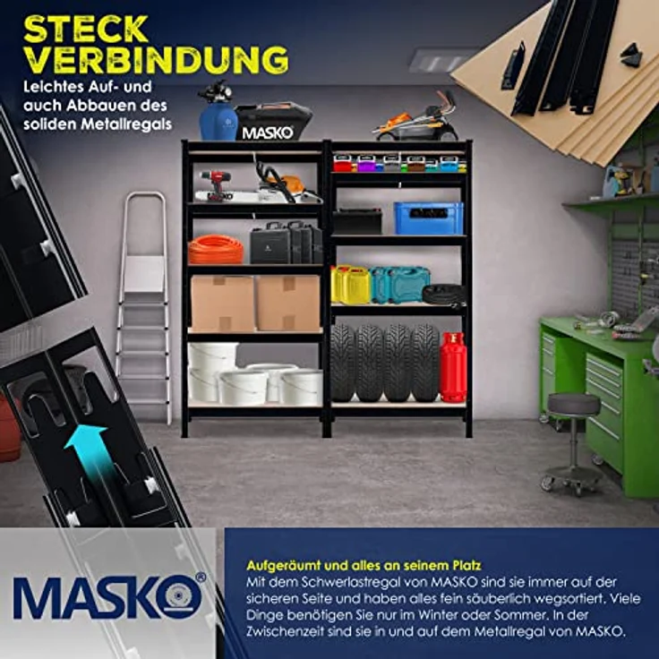 MASKO 2er-Set Lagerregal Schwerlastregal, Kellerregal , bis 875 kg belastbar, 5 verstellbare Ablagen, MDF-Platten Regal aus Metall, Steckregal, Werkstattregal, Keller, Garage 2x 180x90x40cm 5-Böden, 2x Schwarz 875kg – Bild 7