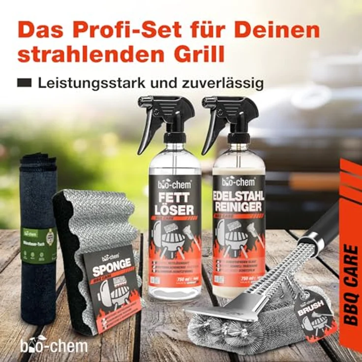 bio-chem Fettlöser Set, 5-teiliges Set mit 750 ml Fettlöser, 750 ml Edelstahlreiniger, Grillbürste, Reinigungsschwamm und Mikrofasertuch für milde Reinigung von Edelstahl und Aluminium – Bild 2