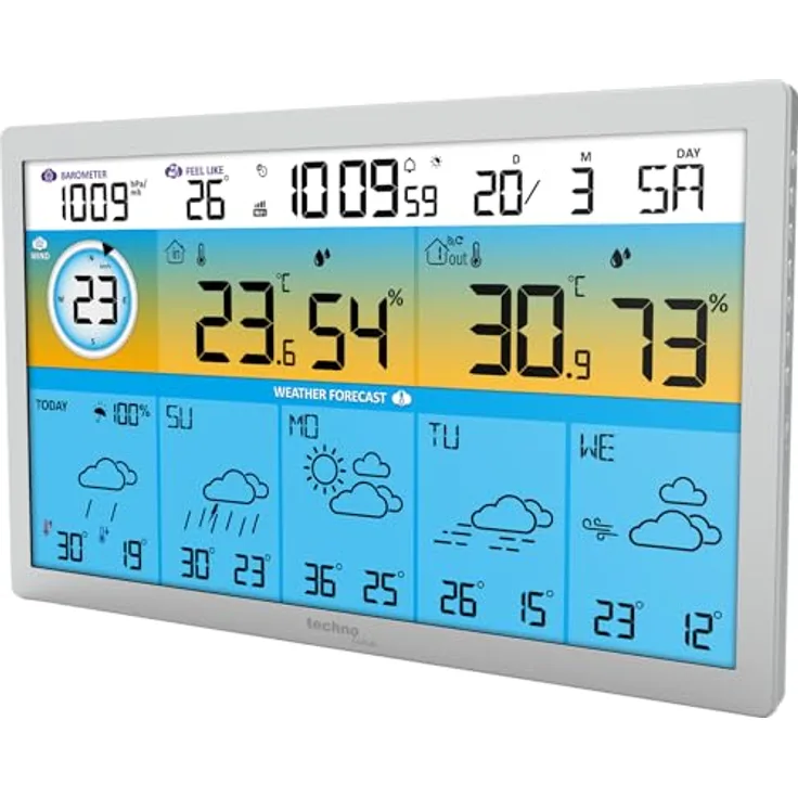 Techno Line WD2500 Funk-Wetterstation, WLAN Wetterdaten für bis zu 3 Außensender, mit Temperatur-, Luftfeuchtigkeits- und Wettervorhersage-Funktionen, weiß