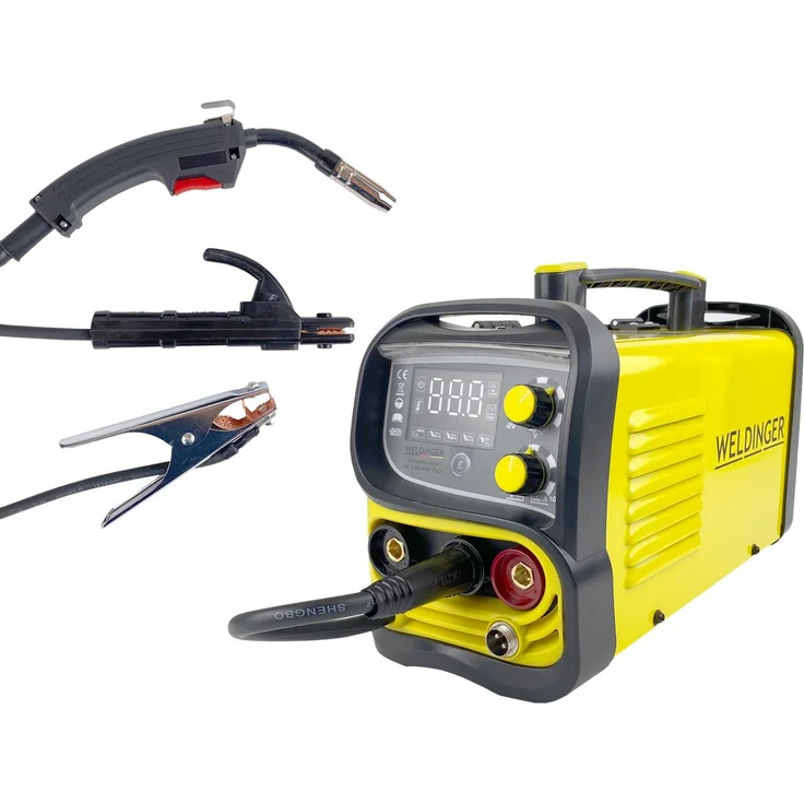 WELDINGER Fülldrahtschweißgerät ME 130 mini Flux IGBT Schweißgerät, 20,00 - 130,00 A, Einsteigerset, 10-tlg., 4 in 1 Kombigerät, geeignet für Edelstahl Fülldraht, schwarz – Bild 1