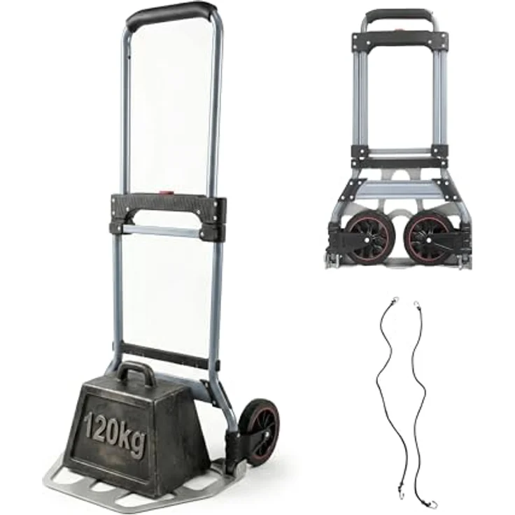 relaxdays Klappbare Sackkarre bis 120 kg, grau - Robuster Stahlrahmen, Teleskopgriff, Soft-Laufräder, Antirutschfläche, inklusive 2 Expanderseile – Bild 1