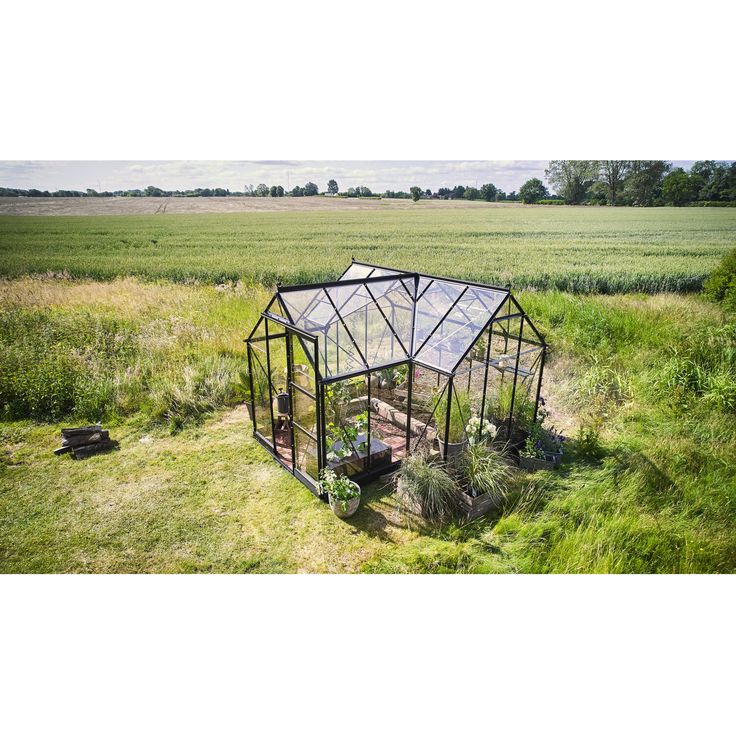 Halls ICON Gardenhouse 6, Gewächshaus mit 8,6 m² Grundfläche, 3 mm Sicherheitsglas, schwarz, mit Doppelschiebetüren und Dachfenstern