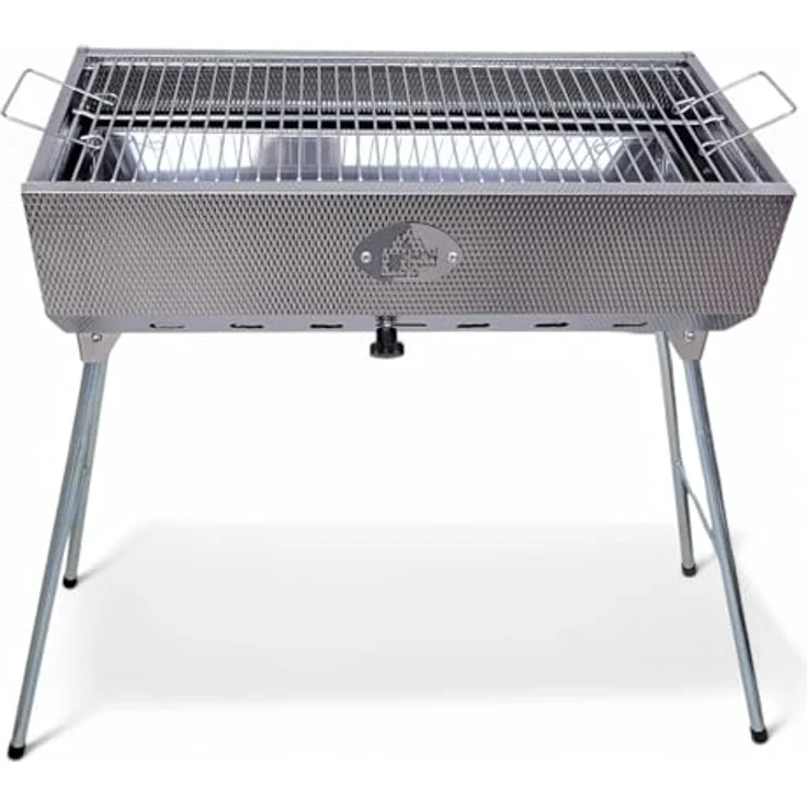 Grillpeter Holzkohlegrill Mangal Taschkent Schaschlikgrill Edelstahl rostfrei, Multifunktional, für Schaschlik, Holzfällersteaks, Hähnchen, Fisch und Gemüse, zusammenklappbare Beine, 57x28cm, für bis zu 15 Spieße geeignet, rostfrei, in Edelstahl – Bild 4