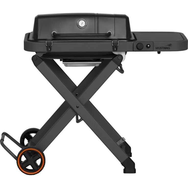 Mustang Fold Gas Grill (3.80 kW), Gusseisenrost und Grillplatte, klappbarer Wagen mit großen Rädern
