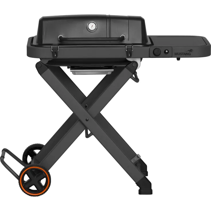 Mustang Fold Gas Grill (3.80 kW), Gusseisenrost und Grillplatte, klappbarer Wagen mit großen Rädern