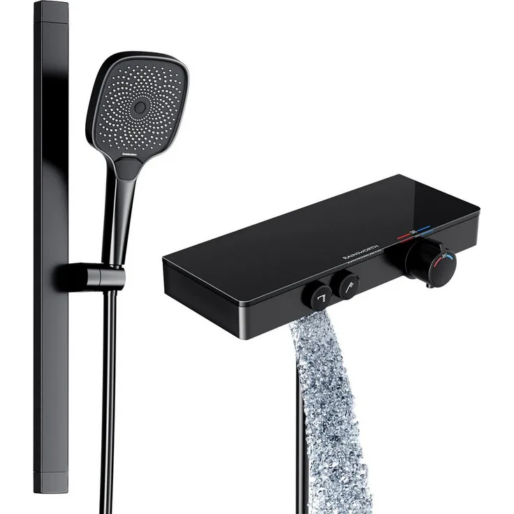 Rainsworth Duschsystem mit Thermostat und Glasablage, 3 Strahlart(en), 26x26 cm, und Unterer Auslauf - Duschset Regendusche mit Armatur in Matt Schwarz - Preisvergleich