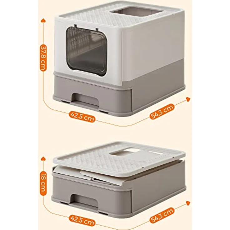 Feandrea Katzenklo, Katzentoilette, mit Deckel, ausziehbares Tablett, Schaufel, Bürste, geräumig für Katzen bis 15 kg, weniger Spuren, auslaufsicherer Boden, haferflockenfarben-warmgrau PPT001G01 – Bild 5