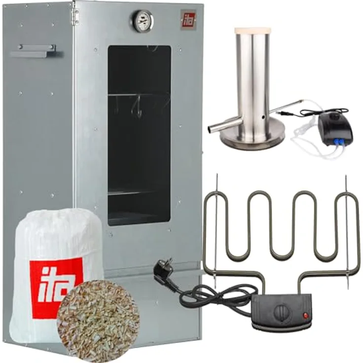 ITA Elektrischer Räucherofen 7000, Smoker Set mit Heizspirale und Rauchgenerator, 3 Etagen, 81 cm, legierter Stahl, Sichtfenster und Thermometer, EU Qualität