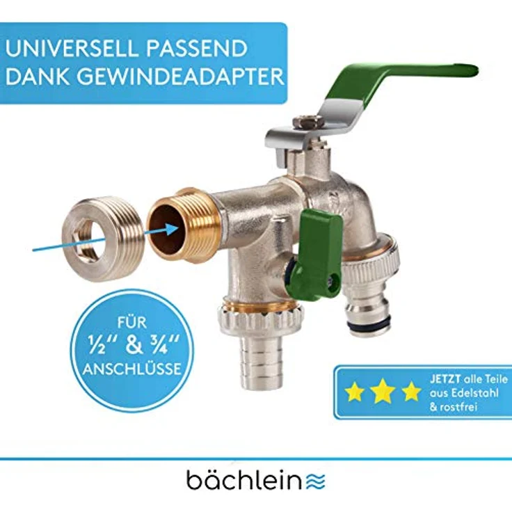 Bächlein Universal Doppel Auslaufhahn für den Garten [grün] inkl. 2 Schlauchanschlüssen - edler Doppelwasserhahn mit 1/2 und 3/4 Zoll Anschluss, Doppel Kugel-Auslaufventil – Bild 2