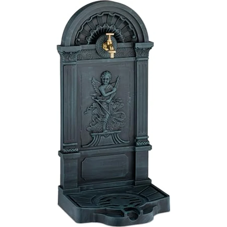 relaxdays Gartenbrunnen Standbrunnen im Engel-Design, Grau, mit Wasserhahn und Becken, nostalgisches Antik-Design – Bild 1