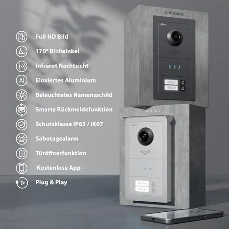 Goliath Intercom Video-Türsprechanlage Basic-Line, 2-Familienhaus mit 7-Zoll HD Monitor, Kamera und WLAN, Weiß/Silber – Bild 3