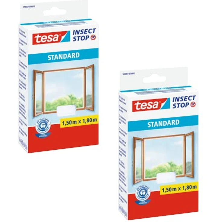 tesa Insect Stop STANDARD Fliegengitter für Fenster im 2er Pack - Insektenschutz zuschneidbar - Mückenschutz ohne Bohren - 1 x Fliegen Netz weiß - 150 cm x 180 cm – Bild 1