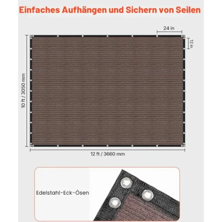 VEVOR Sonnenschutztuch 90% Sichtschutz mit Edelstahlösen, 305 x 366 cm, 140 g/m² HDPE-Material, braun für Terrasse und Garten – Bild 4