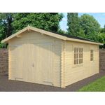 Finn Art Blockhaus Gartenhaus Aktion 16 mit holztor Holzhaus Blockbohlenhaus, BxT: 350x520 cm, massive Wand aus 34mm starken Holzbohlen, Doppeltor mit Innengröße von 225x195cm, Seitenfenster und Hintertür mit integriertem Fenster, naturfarben