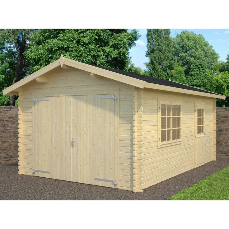 Finn Art Blockhaus Gartenhaus Aktion 16 mit holztor Holzhaus Blockbohlenhaus, BxT: 350x520 cm, massive Wand aus 34mm starken Holzbohlen, Doppeltor mit Innengröße von 225x195cm, Seitenfenster und Hintertür mit integriertem Fenster, naturfarben