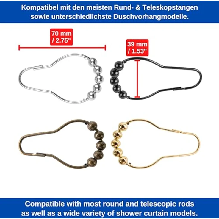 Your Day Mate GmbH Duschvorhang Ringe, 12 Pack, aus Edelstahl, mit Gleitsystem, 7 x 3.9 cm Standard Größe für Duschvorhangstangen, Duschringe, Ringe für Duschvorhang, Duschvorhangringe Edelstahl, universal verwendbar – Bild 5