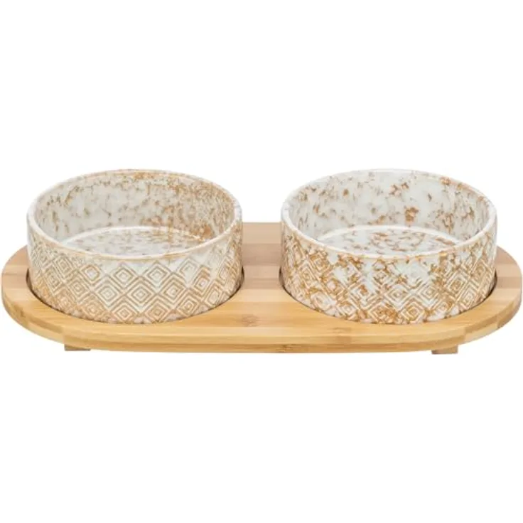 TRIXIE Hundenapf-Set 800 ml Keramik/Bambus - praktischer Fressnapf für kleine und mittelgroße Hunde ø16 cm, robust und spülmaschinenfest - 24829