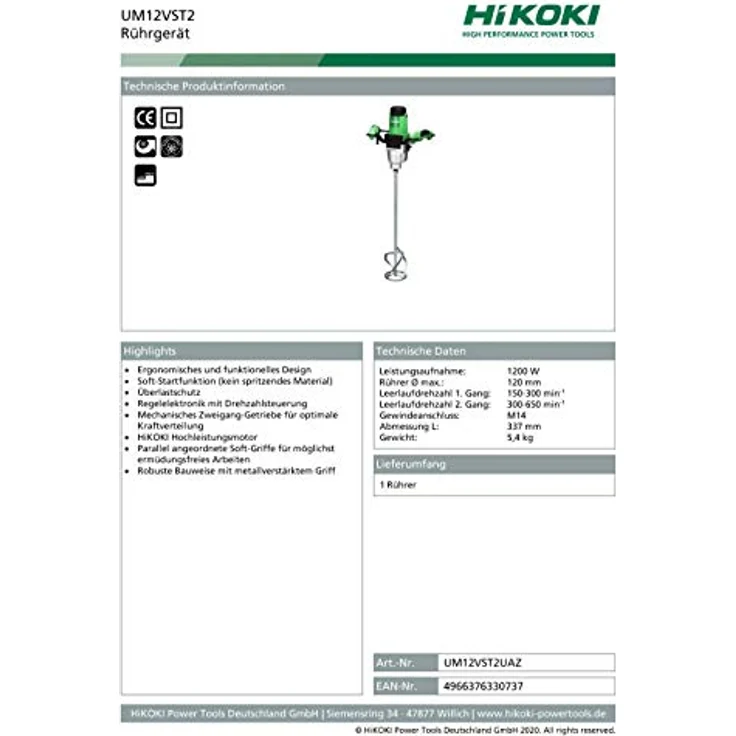 HIKOKI Rührgerät UM12VST2, 230V, mechanisches Zweigang-Getriebe, ergonomisches Design, Soft-Griffe für ermüdungsfreies Arbeiten – Bild 2