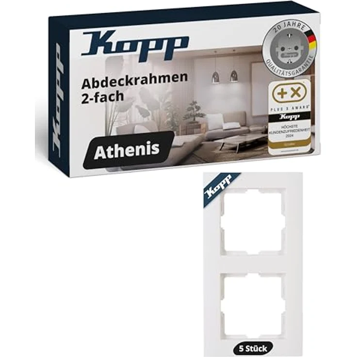 Kopp ATHENIS 2-fach Abdeckrahmen, Rein-Weiß, 5er Set, Kunststoff, eleganter Rahmen für Steckdosen & Schalter, 86 x 157 x 9,5 mm – Bild 1