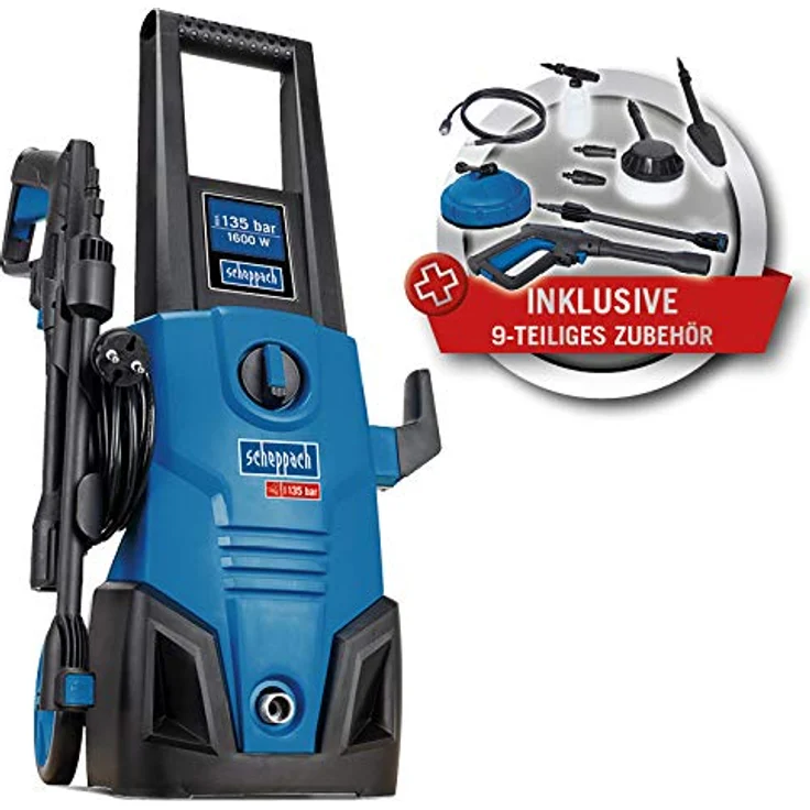 Scheppach Hochdruckreiniger HCE 1600, 1600 W Motor mit 135 Bar, inkl. 9-tlg. Zubehörset für vielseitige Anwendungen – Bild 2