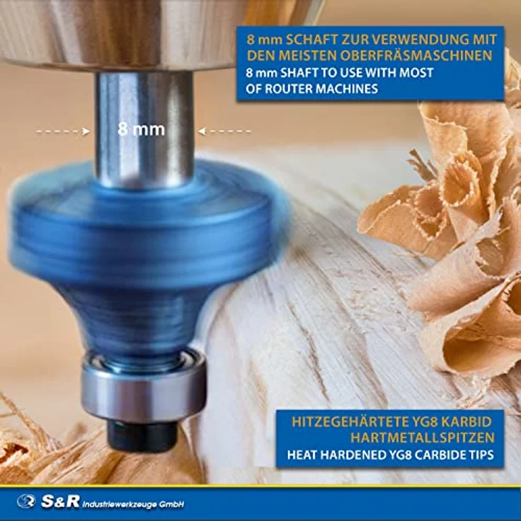 S&R Fräser-Set HM für Oberfräsen, 12 tlg, Zylindrischer Schaft 8 mm, präzise Hartmetall Schneideplatten, Holzfräs-Bits aus geschmiedetem Werkzeugstahl, in Holzbox, Fräser für Kantenfräse, Holzfräse – Bild 4