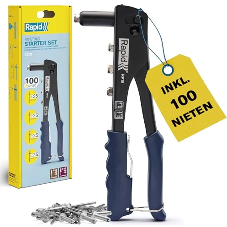 Rapid RP10 Nietzange - Set mit 100 Aluminiumnieten, integriertem Schraubenschlüssel & Soft-Grip-Griff für 3,2, 4,0, 4,8 mm Blindnieten – Bild 1