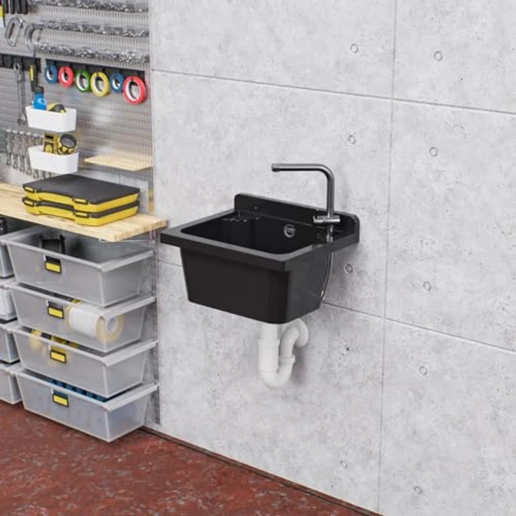 QLS Küchenspüle MANTA, Kunststoff-Spülbecken, 42x34 cm, für Garten, Garage, Werkstatt - Polypropylen, Siphon mit Edelstahlsieb, Wand- und Standarmaturen - Blau – Bild 3