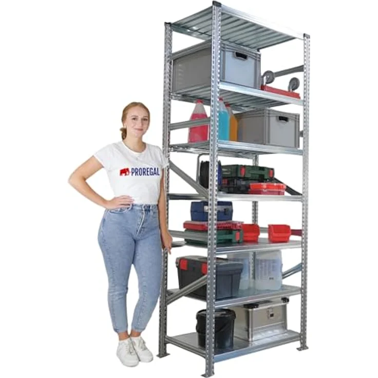 Proregal PROXIMO Metallregal, Fachbodenregal mit 7 Böden, 250 x 90 x 60 cm, Traglast 200 kg pro Boden, verzinkter Stahl, schraubenloses Stecksystem – Bild 3