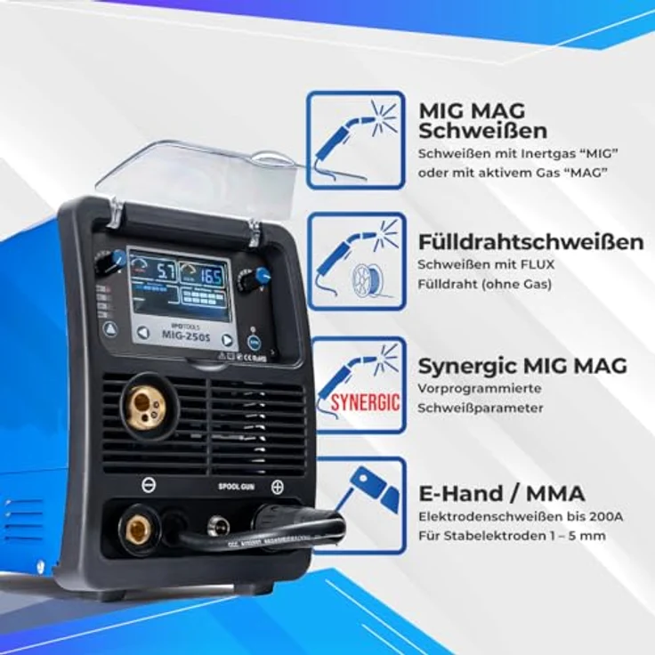 IPOTOOLS MIG-250S 5in1 MIG MAG Schweißgerät - Synergic Schutzgas Schweissgerät mit 250 Ampere FLUX Fülldrahtschweißgerät ohne Gas Elektroden/E-Hand geeignet/Digital/IGBT / 230V / 7 Jahre Garantie – Bild 4