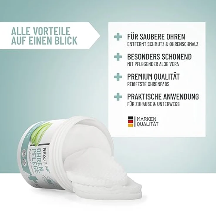 ReaVET Ohrenreiniger Hund & Katze 100 Stück – Ohrenpflege Pads Hund I Pflegeprodukt für Ohren, Reinigungstücher Hund, Besonders Milde & Schonende Reinigung mit Aloe Vera für Hunde und Katzen – Bild 2