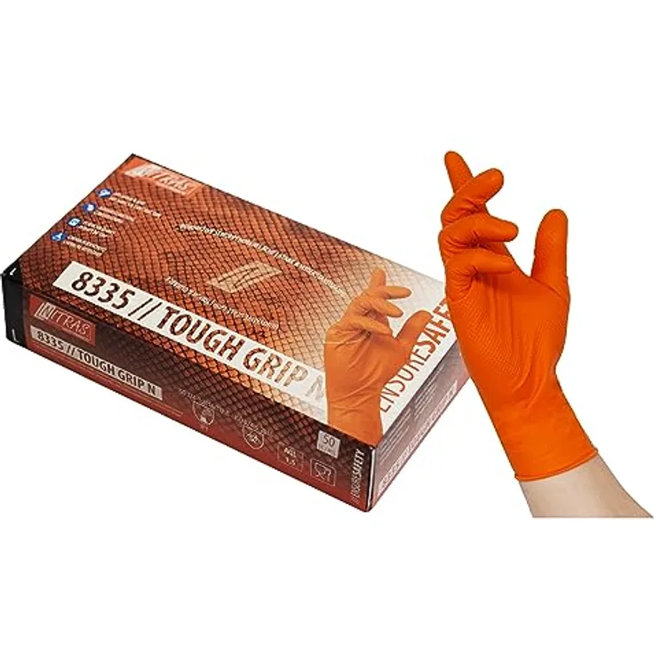 50 Stück Nitril Einmalhandschuhe mit optimierter Griffigkeit NITRAS TOUGH GRIP N (M, orange)