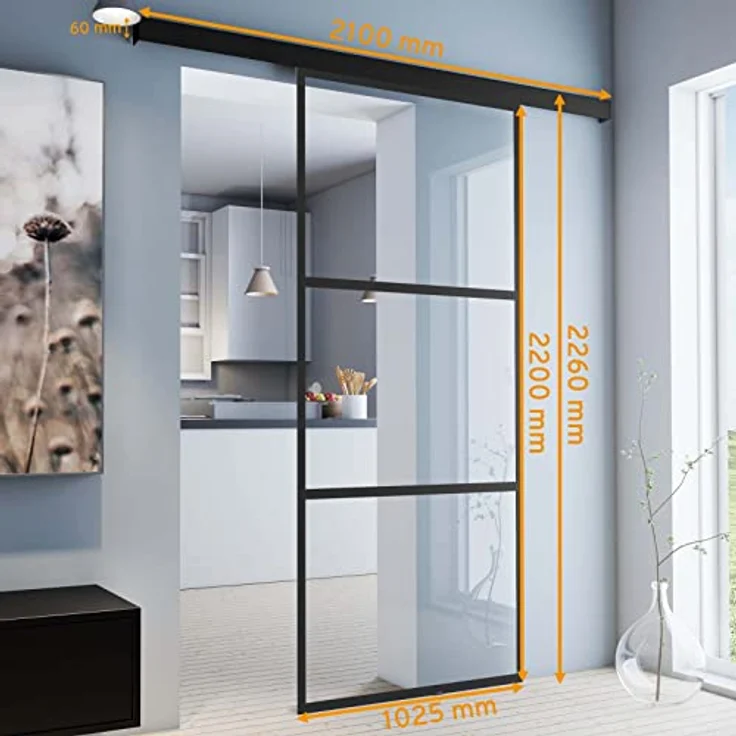 inova Glasschiebetür 1025x2200mm klar ESG mit schwarzem Aluminium Profil, Komplettset inkl. 2-seitigem Softclose und wartungsfreien Kugellagern – Bild 2