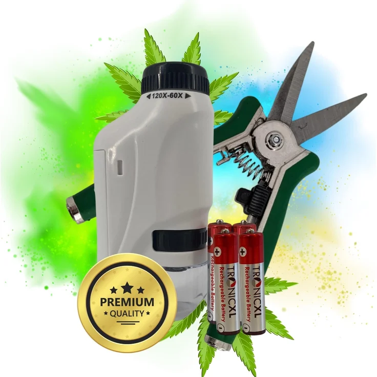 TronicXL Gartenschere Grow Ernte Set Mikroskop mit LED Ernteschere Akkus | 60-120x Vergrößerung, kompaktes Design, LED, wiederverwendbar | Grün – Bild 1