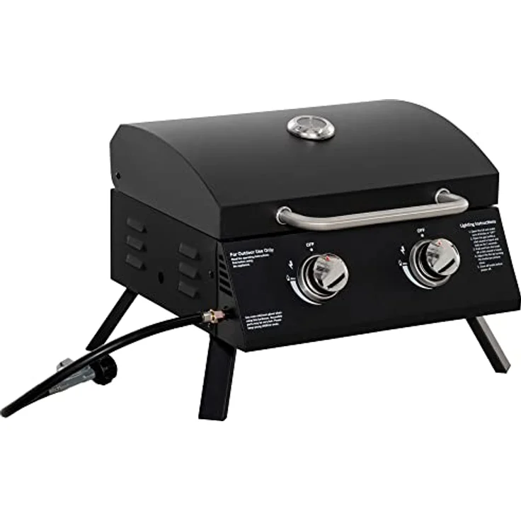 Outsunny Tischgrill Gasgrill BBQ mit 2 Brennern mobiler Grillwagen Grillnetz klein Outdoor Tischgasgrill Picknick mit Druckminderer Schlauch Edelstahl Schwarz 55 x 46,5 x 41 cm - Preisvergleich – Bild 1
