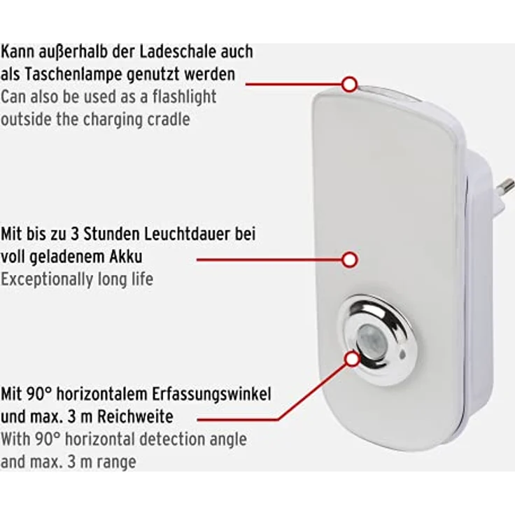 Brennenstuhl LED Sicherheitsleuchte/Nachtlicht mit Infrarot Bewegungsmelder mit SMD LEDs (automatisches Einschalten bei Stromausfall, 50 + 40 lm, inklusive Abnehmbarer Taschenlampe, 3000K) – Bild 2