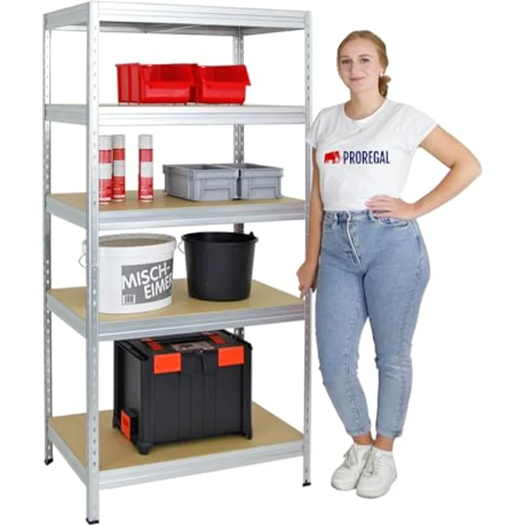 Proregal Schwerlastregal Rivet, 180 x 90 x 60 cm, 5 verstellbare Böden, Traglast 250 kg, verzinkt, kinderleichter Steckaufbau – Bild 5